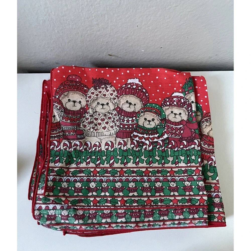 Vintage Christmas Linen Napkins Bears 1980s Linen Set 4‎ Napkins